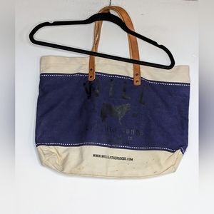 Will Leather Goods Large Blue Burlap & Leather Bag, Feed Sack STAINS